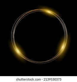 Gold neon round frame with lights effects on black background. Golden flash flies in a circle in a luminous ring, shiny rotation effect with sparks. Glowing magical flashes of fire ring trail. Vector.