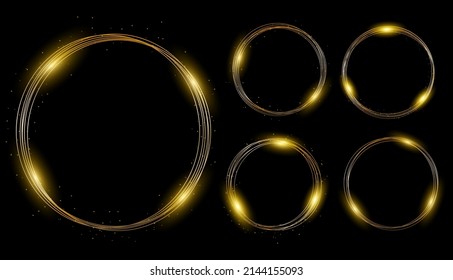 Marco redondo de neón dorado con efectos de luces sobre el fondo negro. El flash dorado vuela en círculo en un anillo luminoso, brillante efecto de rotación con chispas. Brillantes brotes mágicos de la pista de anillo de fuego. Vector.