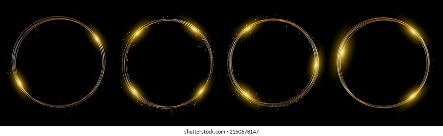Gold neon round frame with lights effects on black background. Golden flash flies in a circle in a luminous ring, shiny rotation effect with sparks. Glowing magical flashes of fire ring trail. Vector.