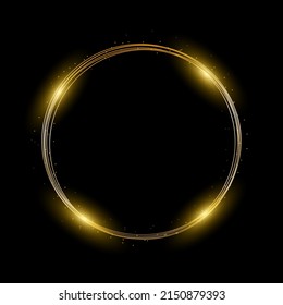 Gold neon round frame with lights effects on black background. Golden flash flies in a circle in a luminous ring, shiny rotation effect with sparks. Glowing magical flashes of fire ring trail. Vector.