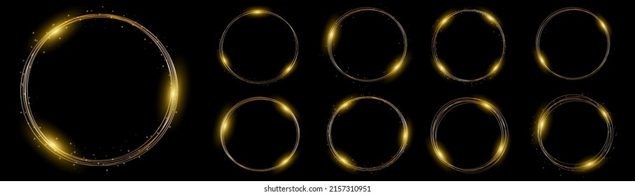 Gold neon round frame with lights effects on black background. Golden flash flies in a circle in a luminous ring, shiny rotation effect with sparks. Glowing magical flashes of fire ring trail. Vector.