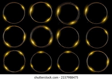 Gold neon round frame with lights effects on black background. Golden flash flies in a circle in a luminous ring, shiny rotation effect with sparks. Glowing magical flashes of fire ring trail. Vector.