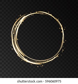 Gold neon round frame with lights effects isolated on black transparent background. Shining  golden  circle with magic glitter sparkles. Vector design element.

