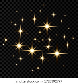 Gold neon  stars lights effects isolated on black transparent background. Shining  golden   sparkles. Firework. Vector design element.