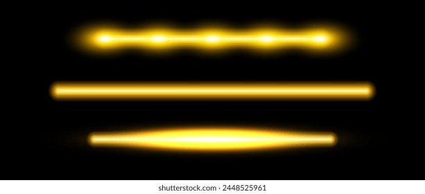 Juego de lámparas de tubo de neón dorado. Colección de haz de línea de luz led brillante. Líneas de barra fluorescente luminosa de color amarillo. Paquete de elemento de tira dorada para dividir, separar, decorar. Ilustración vectorial