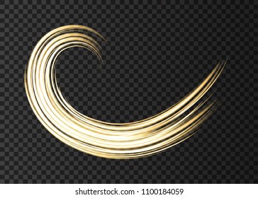 Gold neon wave lights effects isolated on black transparent background. Shining  golden  magic flash energy beams. Vector design element.