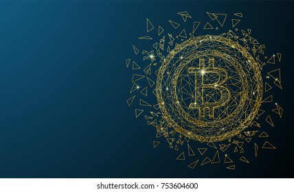 Gold network connection bitcoin cryptocurrency. Shiny triangles and hexagons. Abstract space with stars design. Techno modern bitcoin logo style. Vector illustration. EPS 10.