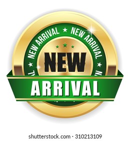 Gold new arrival badge with green ribbon on white background