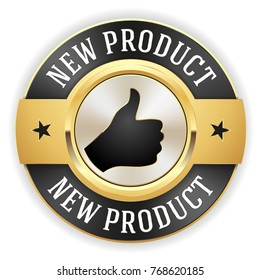 Gold new product badge / button with black border on white background