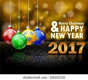 Gold New Year 2017 card. Happy New Year background with glowing effect and christmas ball. Vector Illustration