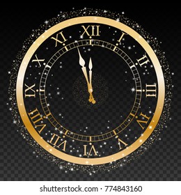 Gold New Year Clock On A Transparent Background Vector Illustration