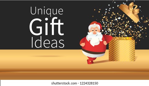 Gold New year gift vector banner. Unique gift ideas banner concept. Open Golden Gift Box, Santa Claus and Confetti. Vector Illustration. 