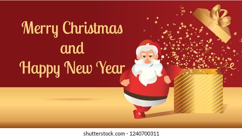 Gold New year gift vector banner. Unique gift ideas banner concept. Open Golden Gift Box, Santa Claus and Confetti. Vector Illustration. 
