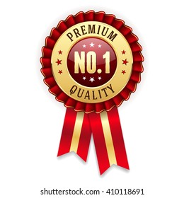 Gold no. 1 premium quality badge / rosette with red ribbon