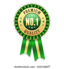 Gold no. 1 premium quality badge / rosette with green ribbon