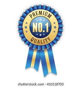 Gold no. 1 premium quality badge / rosette with blue ribbon