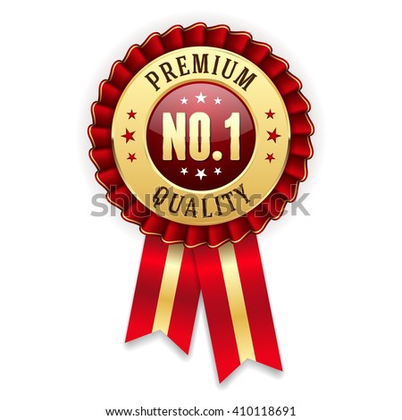 Gold no. 1 premium quality badge / rosette with red ribbon