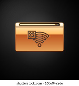 Gold No Internet connection icon isolated on black background. No wireless wifi or sign for remote internet access.  Vector Illustration