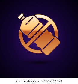 Gold No plastic bottle icon isolated on dark blue background.  Vector Illustration