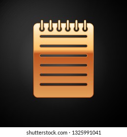 Gold Notebook icon isolated on black background. Spiral notepad icon. School notebook. Writing pad. Diary for business. Notebook cover design. Office stationery items. Vector Illustration