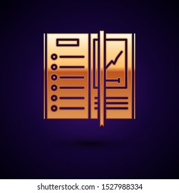 Gold Notebook icon isolated on dark blue background. Spiral notepad icon. Writing pad. Diary for business. Notebook cover design.  Vector Illustration