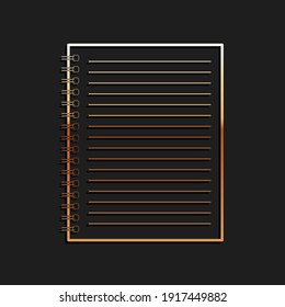 Gold Notebook icon isolated on black background. Spiral notepad. School notebook. Writing pad. Notebook cover design. Office stationery items. Long shadow style. Vector.