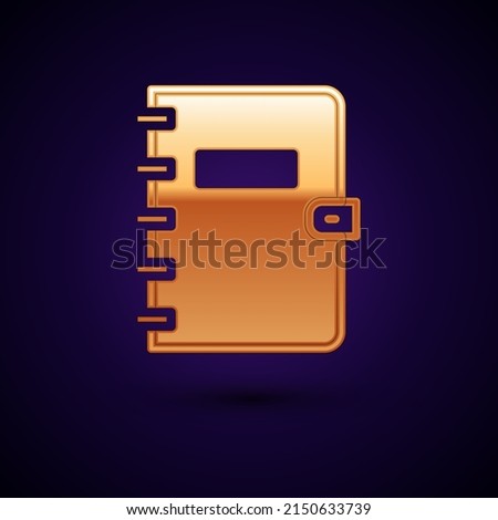 Gold Notebook icon isolated on black background. Spiral notepad icon. School notebook. Writing pad. Diary for school.  Vector
