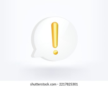 Gold notification icon message alert sign of notice reminder 3d warning symbol alarm or golden risk exclamation error mail button and danger information problem attention isolated on white background.