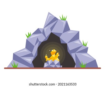 gold nugget in a dark cave. flat vector illustration