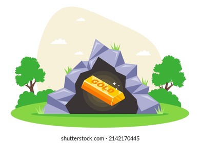 gold nugget in a dark cave. flat vector illustration