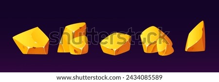 Gold nugget for mine and treasure in game ui design. Cartoon vector illustration set of yellow glossy shiny precious stones. Gui assets of raw golden crystals. Expensive raw materials gem pieces.