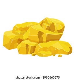 Gold nugget pile, mineral boulder in cartoon style isolated on white background. Shiny object, ui asset, mine element, ore.