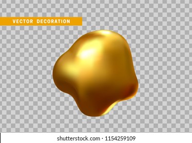 Gold nuggets isolated on a transparent background. Shape liquid drops with color golden gradient. Abstract 3d yellow fluid.