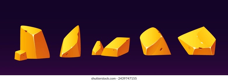 Conjunto de pepitas doradas aisladas sobre fondo negro. Ilustración vectorial de dibujos animados de piedras doradas brillantes, forma abstracta rocas grandes y pequeñas con bordes brillantes, elementos de diseño de cuevas del tesoro, metal precioso
