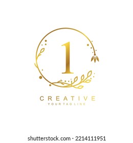 
gold number 1 logo design template with floral frame and circular leaf ornament. design number 1 is beautiful and luxurious. typography monogram 1. number icon