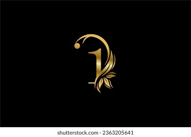 Gold number 1 logo design with beautiful leaf and flower ornaments. 1 Monograms. Typography 1. golden feather logo. Suitable for business logos, companies, boutiques, beauty, etc