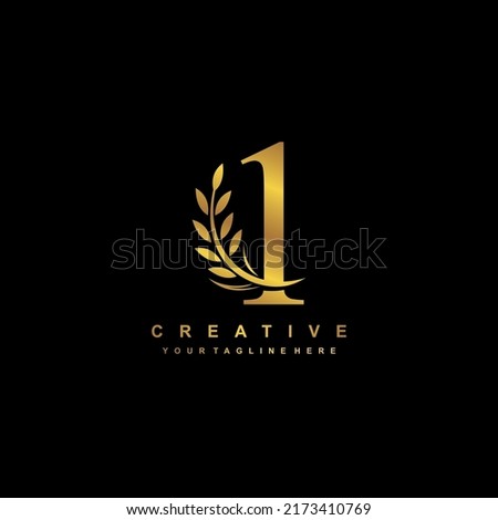 Gold number 1 logo vector design with leaf decoration in luxury and elegant style. monogram number , typography number 1. wheat leaf logo. 1st birthday. logo number. anniversary 1