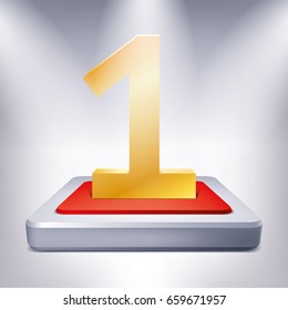 Gold Number 1 on the illuminated podium, red inside, one award pedestal, geometry shape, vector design for you project