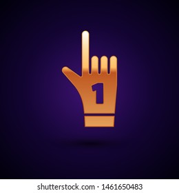 Gold Number 1 one fan hand glove with finger raised icon isolated on dark blue background. Symbol of team support in competitions.  Vector Illustration