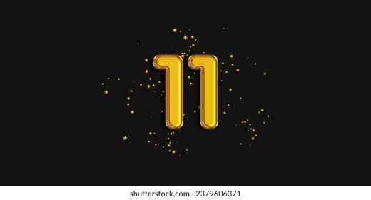 Gold number 11 foil balloon with star confetti on black background. 11 year anniversary background