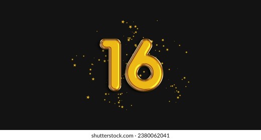 Gold number 16 foil balloon with star confetti on black background. 16 year anniversary background