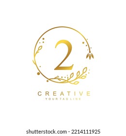 
gold number 2 logo design template with floral frame and circular leaf ornament. design number 2 is beautiful and luxurious. typography monogram 2. number icon