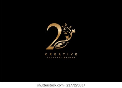 Gold number 2 logo vector design with leaf, flower, feather decoration. monogram number 2, typography number. luxury number 2. anniversary 2. suitable for business, company, wedding, birthday, etc