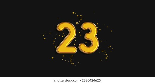 Gold number 23 foil balloon with star confetti on black background. 23 year anniversary background