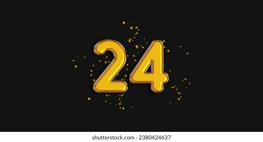 Gold number 24 foil balloon with star confetti on black background. 24 year anniversary background