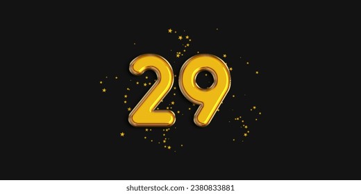Gold number 29 foil balloon with star confetti on black background. 29 year anniversary background