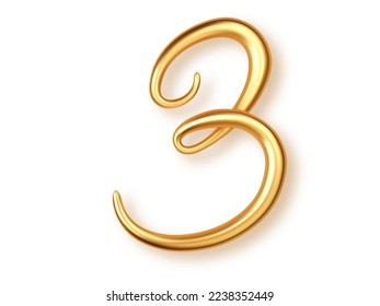 Gold number 3, 3d realistic lettering isolated on transperent background. Number three uppercase for the design of banner or greeting card, significant date or event.