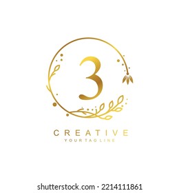 
gold number 3 logo design template with floral frame and circular leaf ornament. design number 3 is beautiful and luxurious. typography monogram 3. number icon