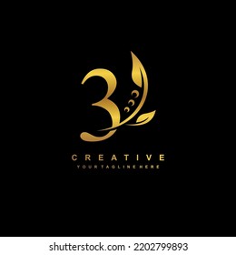 gold number 3 logo with luxury gold leaf ornament. 3 flourishes, 3 monograms, typography. feather logo. 3 premium designs. suitable for logos for birthdays, celebrations, anniversaries, years, etc.