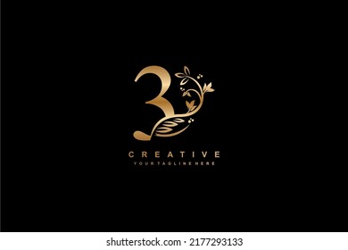 Gold number 3 logo vector design with leaf, flower, feather decoration. monogram number 3, typography number. luxury number 3. anniversary 3. suitable for business, company, wedding, birthday, etc